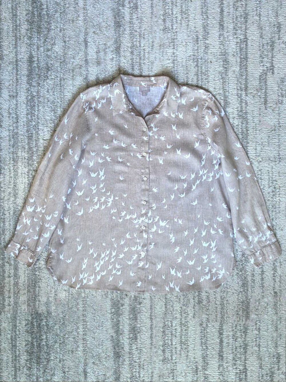 J. Jill 100% Linen Dove Bird Coastal Tan Khaki Button Down Long Sleeve Shirt XL - Picture 3 of 12